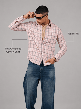 Pink Checkered Cotton Shirt – Loose Fit, Full Sleeves