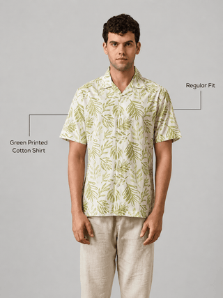 Green Printed Cotton Shirt – Regular Fit, Half Sleeves