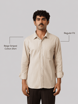Beige Striped Cotton Shirt – Regular Fit