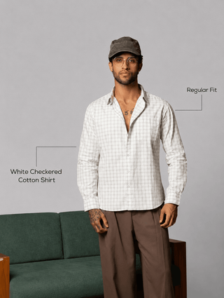 White Checkered Cotton Shirt – Full Sleeve, Regular Fit