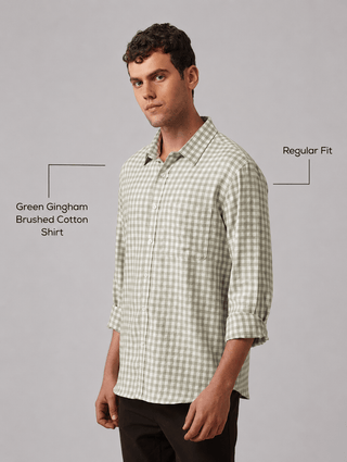 Green Gingham Brushed Cotton Shirt – Regular Fit, Full Sleeves
