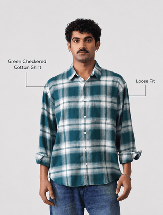 Green Checkered Cotton Shirt – Loose Fit, Full Sleeves