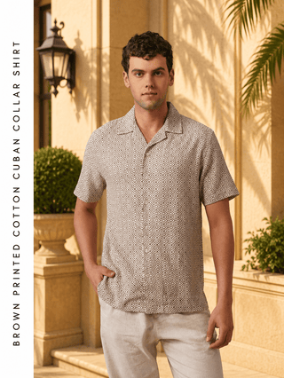 Brown Printed Cotton Cuban Collar Shirt – Regular Fit, Half Sleeves