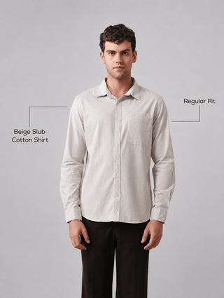 Beige Slub Cotton Shirt – Regular Fit, Full Sleeves