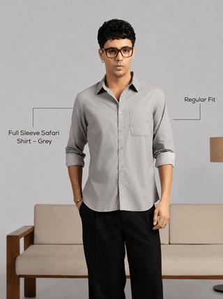 Men’s Grey Solid Cotton Shirt – Regular Fit, Full Sleeves