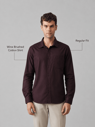 Wine Brushed Cotton Shirt – Regular Fit, Full Sleeves