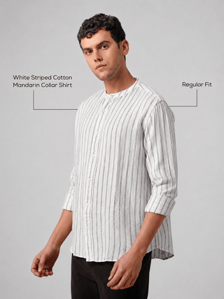 White Striped Cotton Mandarin Collar Shirt – Regular Fit, Full Sleeves