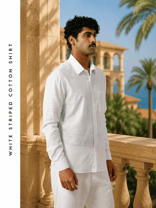 White Striped Cotton Shirt – Regular Fit, Full Sleeves