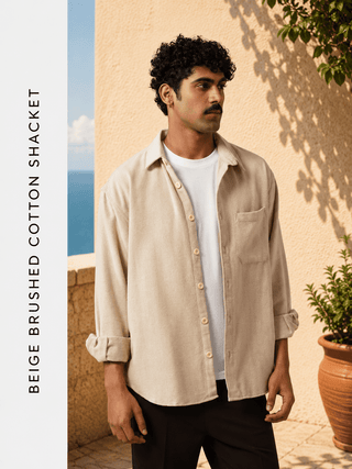 Beige Brushed Cotton Shacket – Loose Fit, Full Sleeves