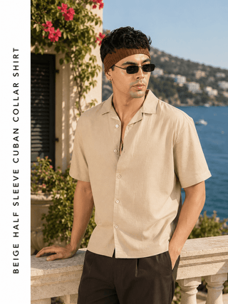 Beige Half Sleeve Cuban Collar Shirt – Loose Fit