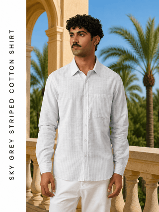 Sky Grey Striped Cotton Shirt – Regular Fit, Full Sleeves