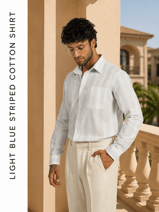 Light Blue Striped Cotton Shirt – Regular Fit, Full Sleeves