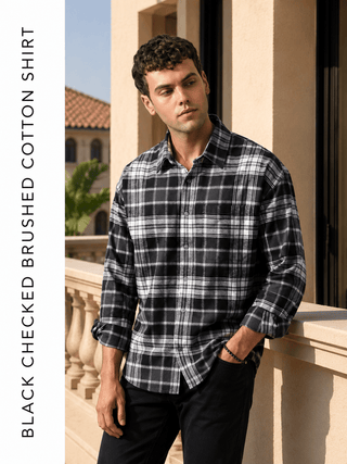 Grey Checkered Brushed Cotton Shirt – Loose Fit, Full Sleeves