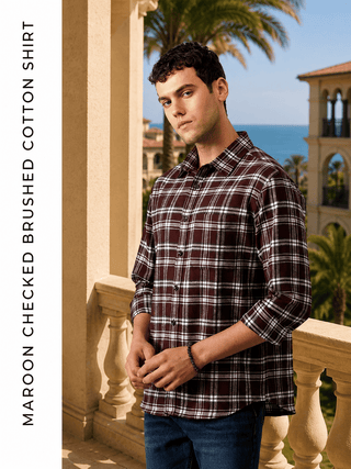 Maroon Checkered Brushed Cotton Shirt – Regular Fit, Full Sleeves