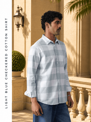 Light Blue Checkered Cotton Shirt – Regular Fit, Full Sleeves