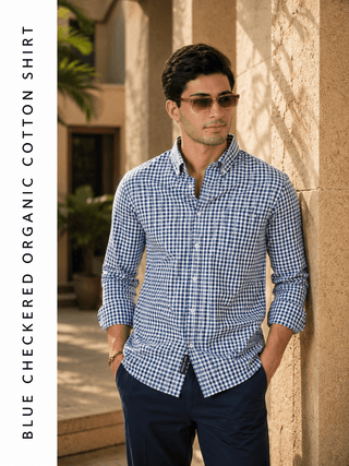 Blue Checkered Organic Cotton Shirt – Button-Down Collar | Regular Fit