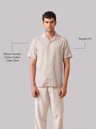 Brown Printed Cotton Cuban Collar Shirt – Regular Fit, Half Sleeves