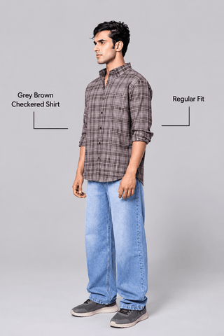 Regular Fit Grey Brown Checkered Shirt