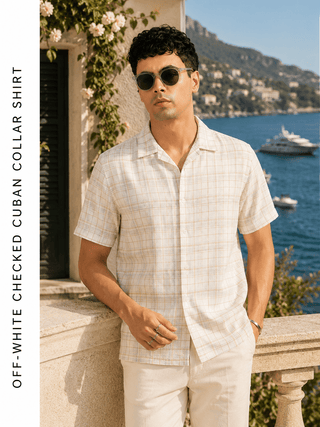 Off-White Checked Cuban Collar Shirt – Regular Fit, Half Sleeves