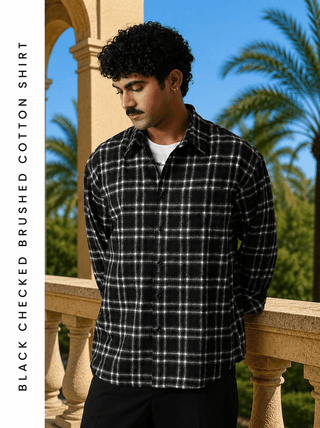 Black Checkered Brushed Cotton Shirt – Loose Fit, Full Sleeves