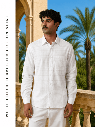 White Checked Brushed Cotton Shirt – Regular Fit, Full Sleeves