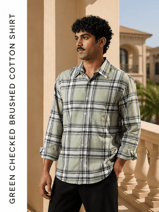 Green Checked Brushed Cotton Shirt – Regular Fit, Full Sleeves