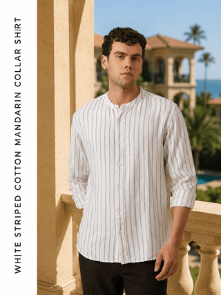 White Striped Cotton Mandarin Collar Shirt – Regular Fit, Full Sleeves