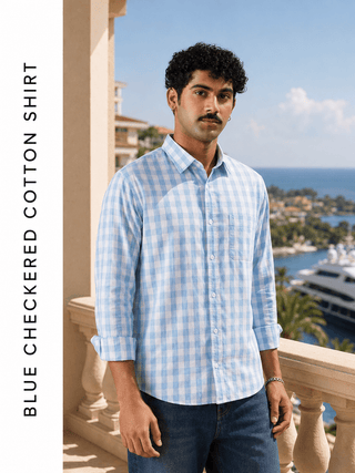 Blue Checkered Cotton Shirt – Regular Fit, Full Sleeves