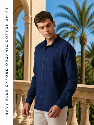 Navy Blue Oxford Organic Cotton Shirt – Regular Fit, Full Sleeves