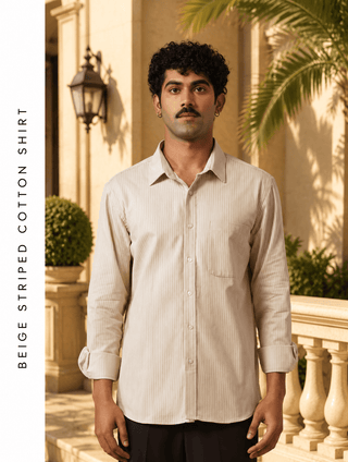 Beige Striped Cotton Shirt – Regular Fit