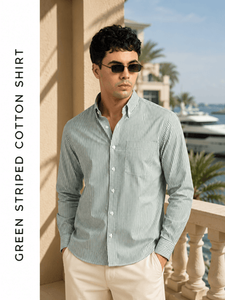 Green Striped Cotton Shirt – Regular Fit, Full Sleeves