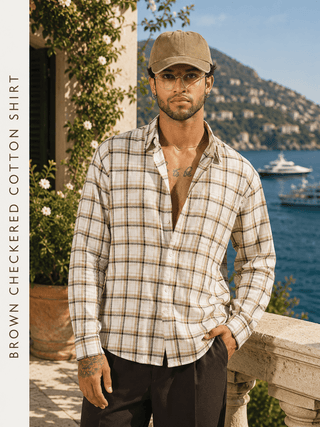 Brown Checkered Cotton Shirt – Full Sleeve, Loose Fit