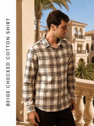 Beige Checked Cotton Shirt – Loose Fit, Full Sleeves