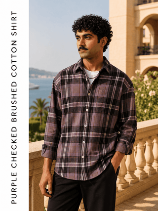 Purple Checkered Brushed Cotton Shacket – Loose Fit, Full Sleeves