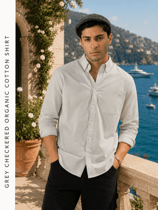 Grey Checkered Organic Cotton Shirt – Button-Down Collar | Regular Fit