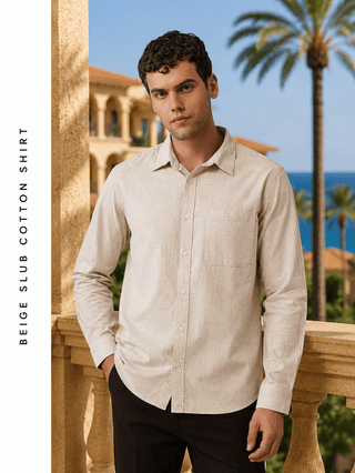 Beige Slub Cotton Shirt – Regular Fit, Full Sleeves
