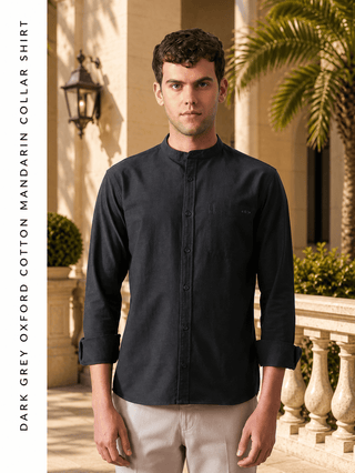Dark Grey Oxford Cotton Mandarin Collar Shirt – Regular Fit, Full Sleeves