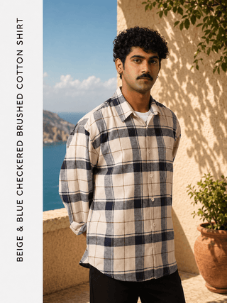 Beige & Blue Checkered Brushed Cotton Shirt – Loose Fit, Full Sleeves