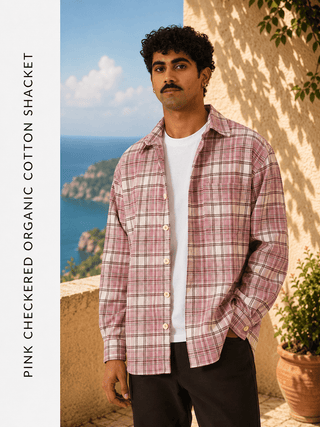 Pink Checkered Organic Cotton Shacket – Loose Fit, Full Sleeves