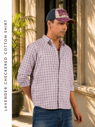 Lavender Checkered Cotton Shirt – Full Sleeve, Regular Fit