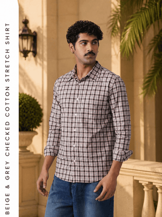 Beige & Grey Checked Cotton Stretch Shirt – Regular Fit, Full Sleeves