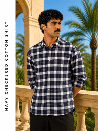 Navy Checkered Cotton Shirt – Regular Fit, Full Sleeves
