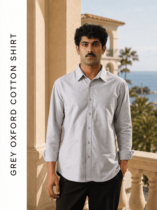 Grey Oxford Cotton Shirt – Regular Fit, Full Sleeves