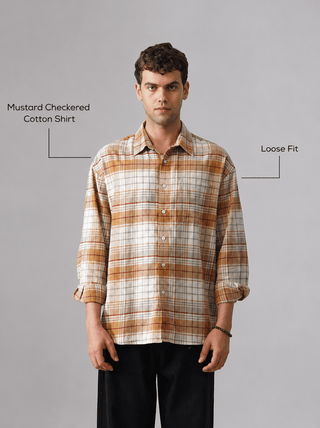 Mustard Checkered Cotton Shirt – Loose Fit, Full Sleeves