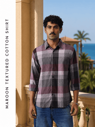 Maroon Textured Cotton Shirt – Regular Fit, Full Sleeves