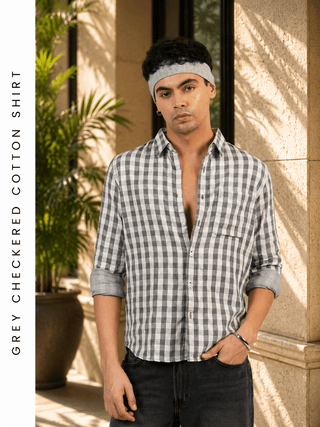 Grey Checkered Cotton Shirt – Full Sleeve, Regular Fit