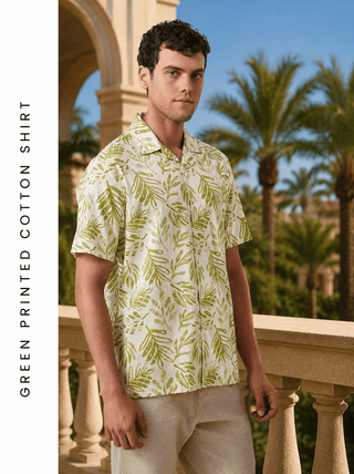 Green Printed Cotton Shirt – Regular Fit, Half Sleeves