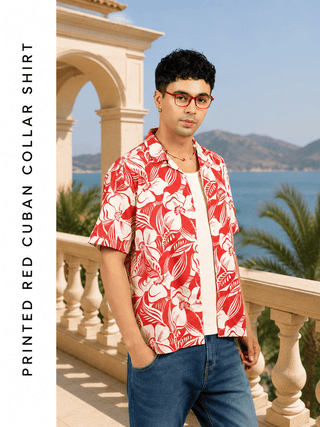 Printed Red Cuban Collar Shirt- Loose Fit