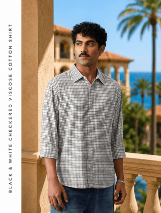 Black & White Checkered Viscose Cotton Shirt – Regular Fit, Full Sleeves