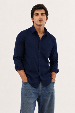 Navy Blue Linen Viscose Shirt – Regular Fit, Full Sleeves